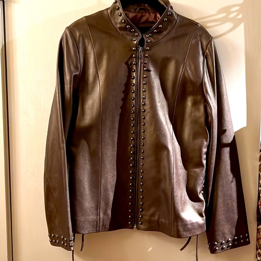 Metallic bronze fine leather studded jacket - like new, Italian label, Saquaro